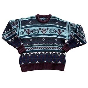 Lord Jeff Fair Isle‎ Wool Sweater Nordic Knit USA Burgundy Green Mens L USA